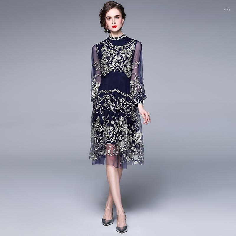 

Casual Dresses High-end Mesh Embroidery French Dress Women Vintage Knee-Length STAND Collar Summer Vestidos Largos De Verano Para, Navy
