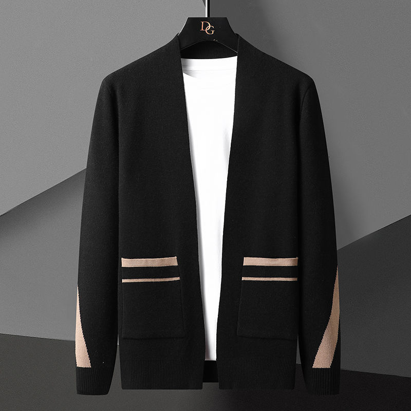 

Men's Jackets Korean Fall Contrast Stitching Knitting Cardigan Men Long Sleeve Slim Sweater Cardigan Men Garment Coat Noel Kazak Heren Sweater 220826, Black
