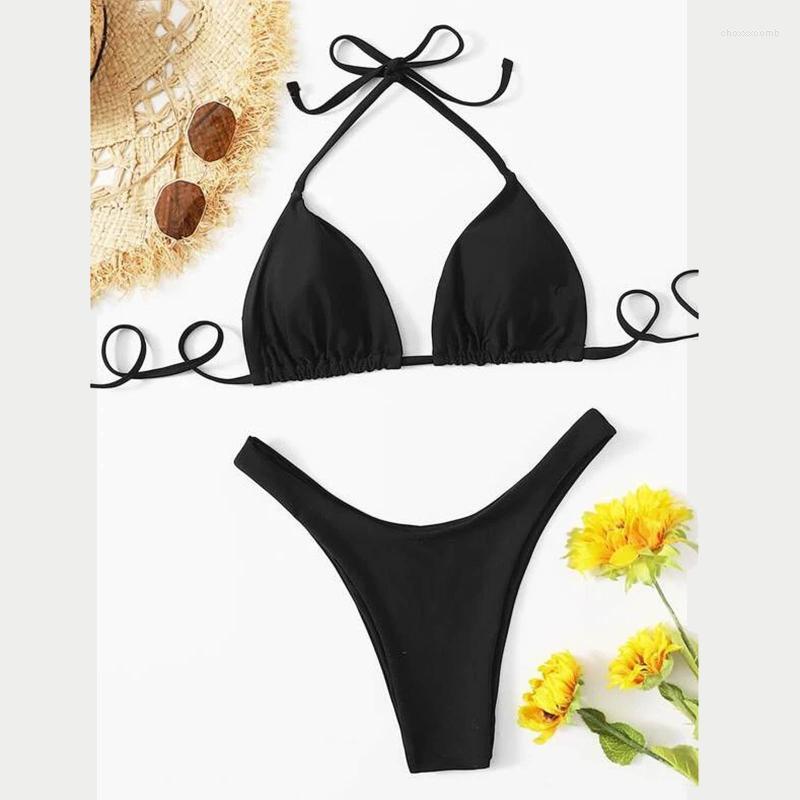 

Women' Swimwear Women' Solid Halter Strap Sexy Bikinis Summer High Waist Bikini Swimsuit Female Women Cutout Beach Biquini 2022, Black