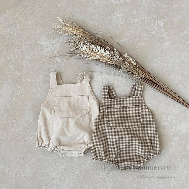 

2022 Autumn Baby boys plaid romper toddler kids pocket suspender jumpsuits infatn girls lattice triangle climb clothing Q8107, Apricot