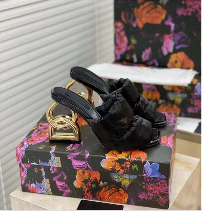 

winter women's high-heeled slippers down material warm fashion letter heel design multicolor women shoes sizes 35-42, White