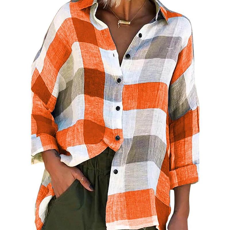 

Women's Blouses Shirts Plaid Blouse est Fashion Checkered Casual Long Sleeve Shirt Singlebreasted Woman Female Lady Buttons Top Clothing Plus Size 220826, Orange