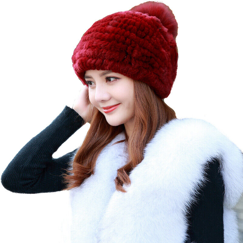 

Winter Fur Hats Real Rex Rabbit Beanie Cap Warm Super Soft High Elastic Wine Red