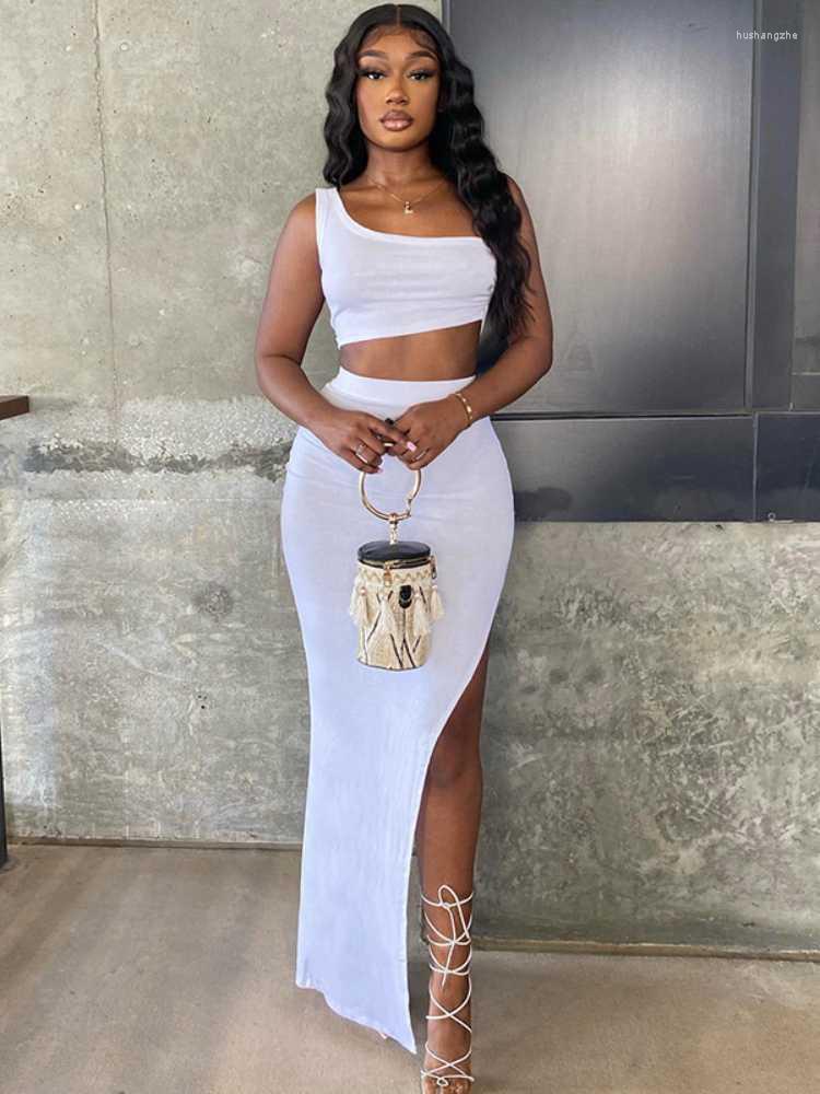 

Work Dresses Women Fashion One Shoulder Crop Top Split Long Pencil Skirt Two Piece Sets Suits Outfits 2022 Summer Clothes Streetwear, White
