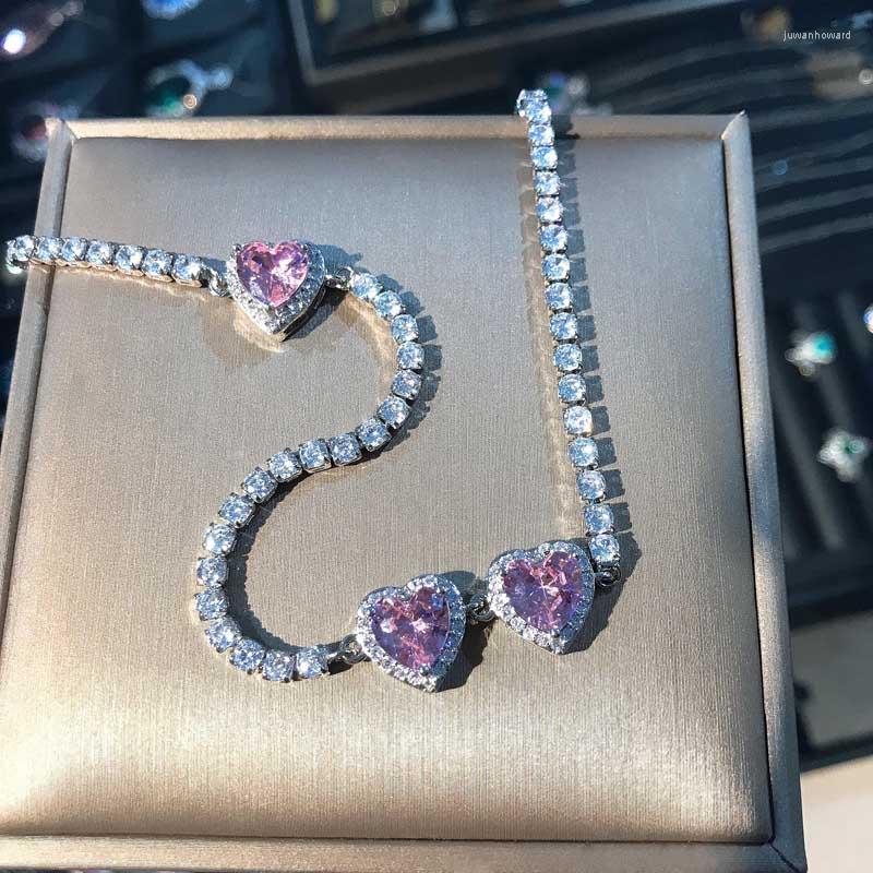 

Pendant Necklaces Luxury Pink Heart Necklace Inlay Shiny Crystal Zircon Charm Clavicle Chain Korean Style Silver Jewelry For Women Wedding P