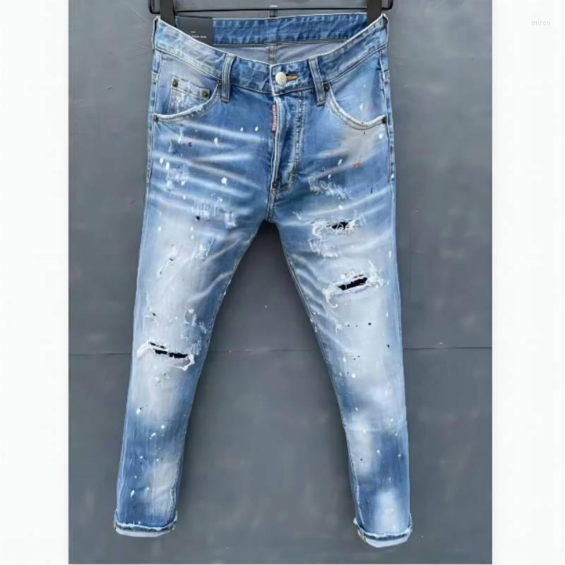 

Men's Jeans Men's Skinny With Ripped Holes And Elastic Paint Spray Blue Stitching Beggar Pants 058#Men's, 058