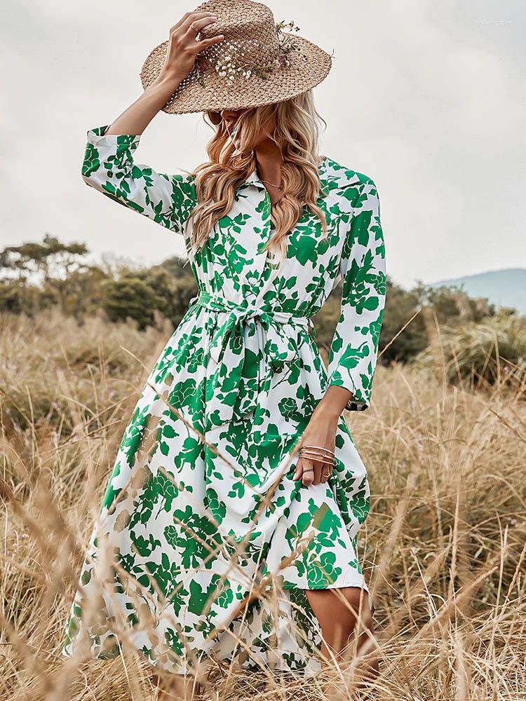 

Casual Dresses Printed Bandage Summer Dress Women 2022 Seven Sleeve Loose Fit Midi Dreess Holiday Bohemian Turn-down Collar Chic Boho, Green