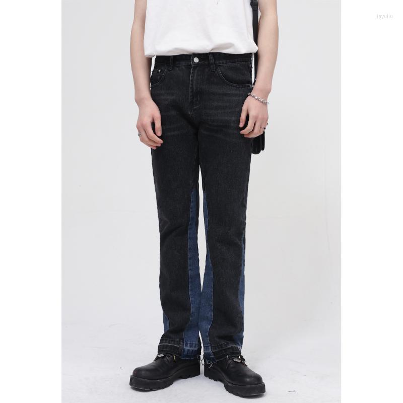 

Men' Jeans High Quality Denim Pants Korean Splicing Personality Design Ins Micro Horn Loose Men, Grey blue