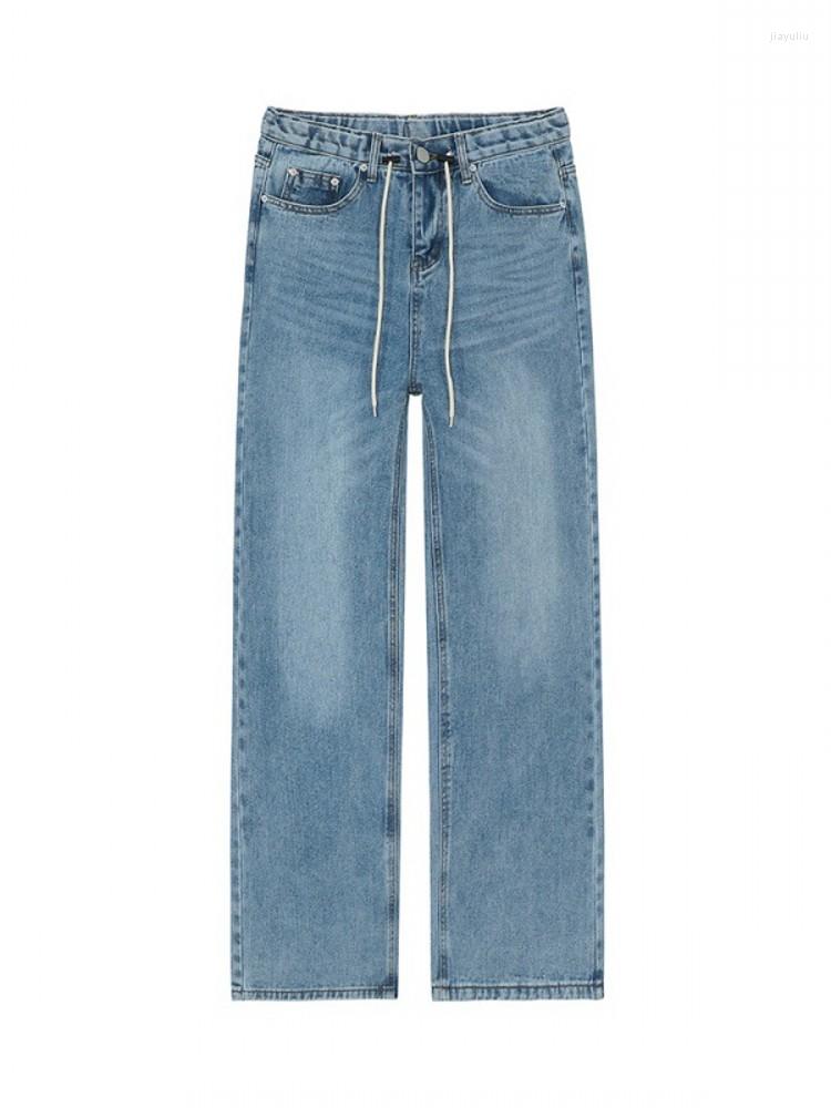 

Men's Jeans Harajuku Men Spring Summer Floor Length Long Straight Denim Pants Loose Wide Leg Casual Street Drawstring Cowboy, Light blue