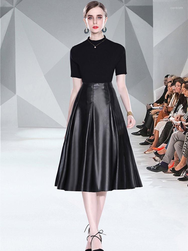 

Work Dresses Women' 2022 Fashion Knit Sweater Shirt Tops PU Faux Leather Midi Skirt Elegant High Street Black Two-piece SetWork