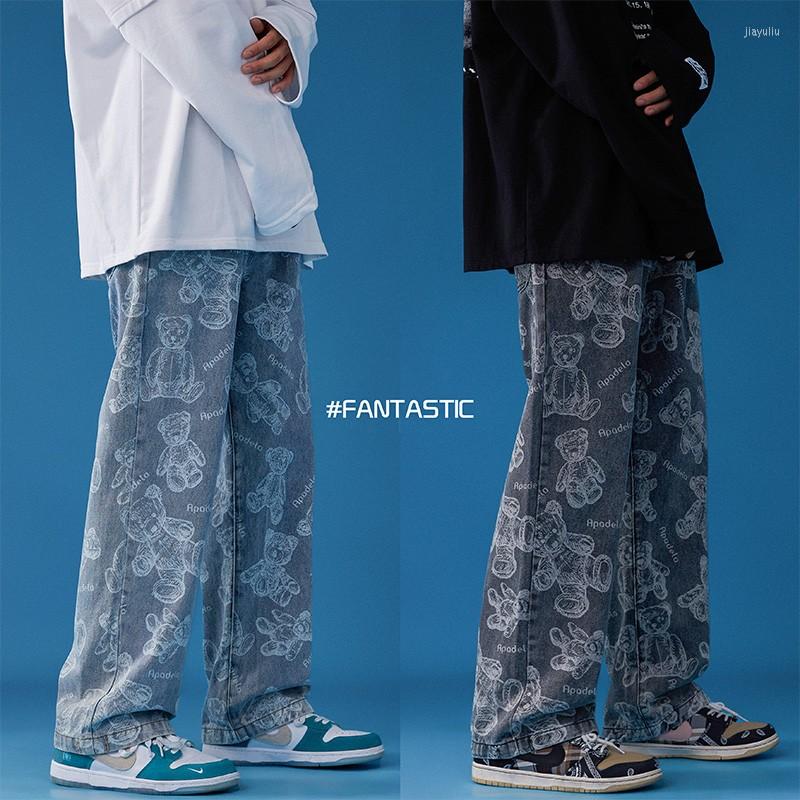 

Men's Jeans Men's Baggy Fashion Loose Straight Casual Wide Leg Pants Cowboy Men Streetwear Hip Hop Trousers Bear Printed, Blue