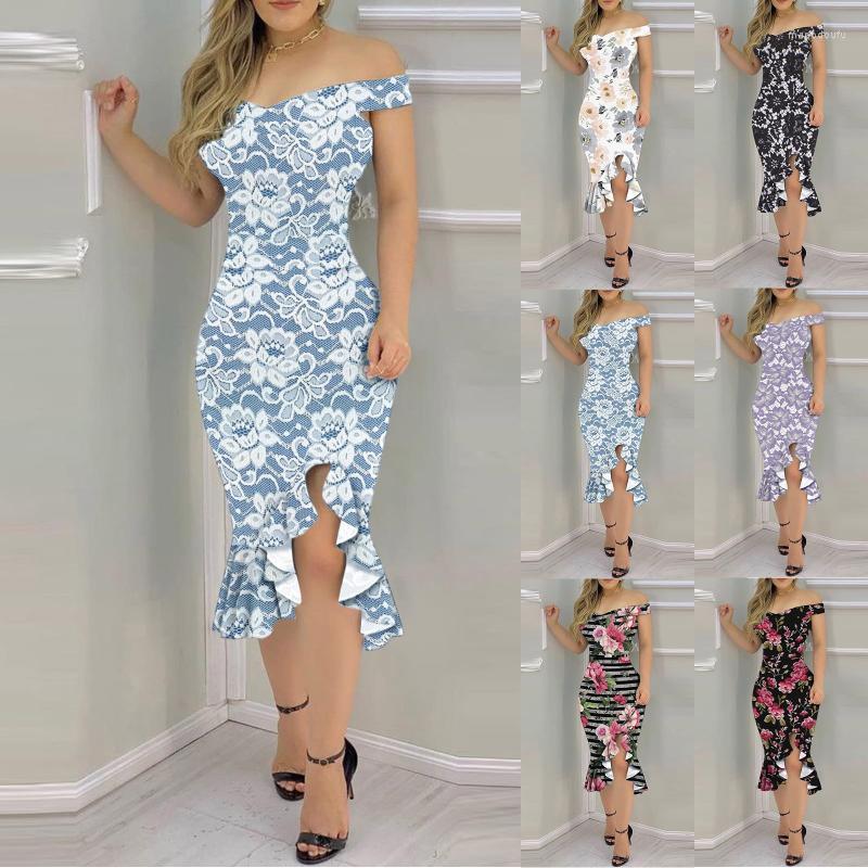 

Casual Dresses Ladies Off Shoulder Ruffle Hem Cocktail Dress Elegant Midi Evening Fashion Loose Vestidos Short Sleeve, Multi