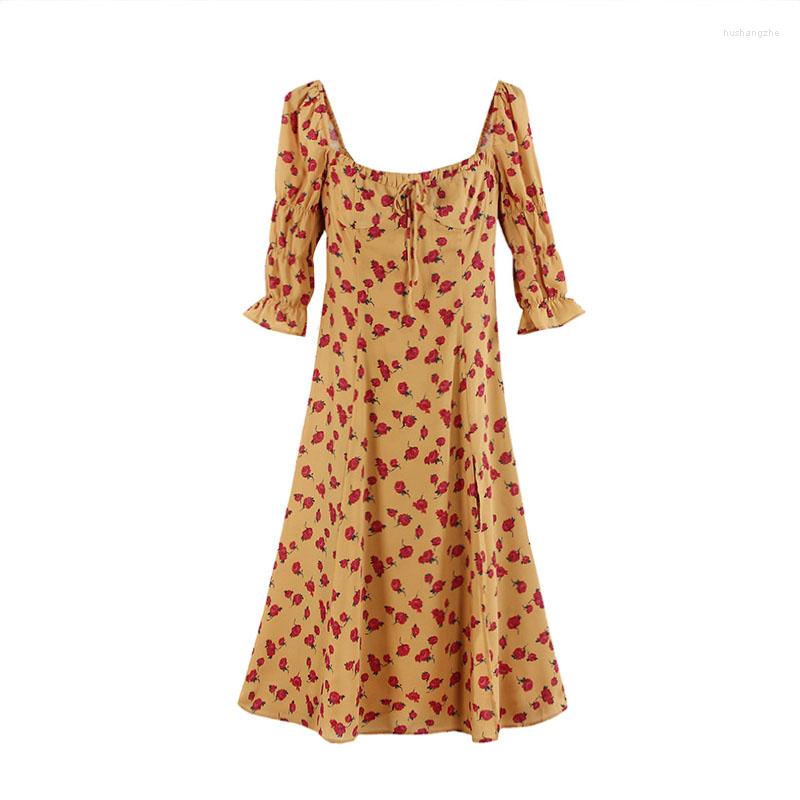 

Casual Dresses PERHAPS U Yellow Rose Print Slash Neck Half Sleeve A Line Knee Length Dress Vintage Summer D1156