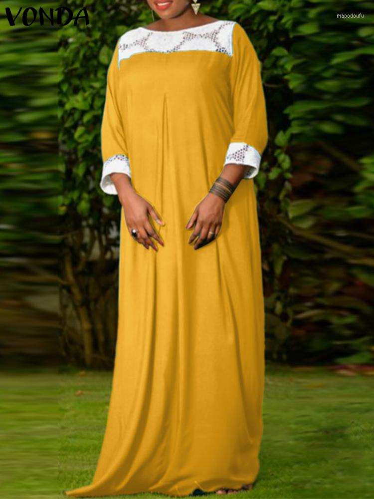 

Casual Dresses Summer Women Patchwork Dress 2022 VONDA Vintage 3/4 Sleeve Holiday Party Maxi Bohemian Vestidos Robe Femme 6#, Blue