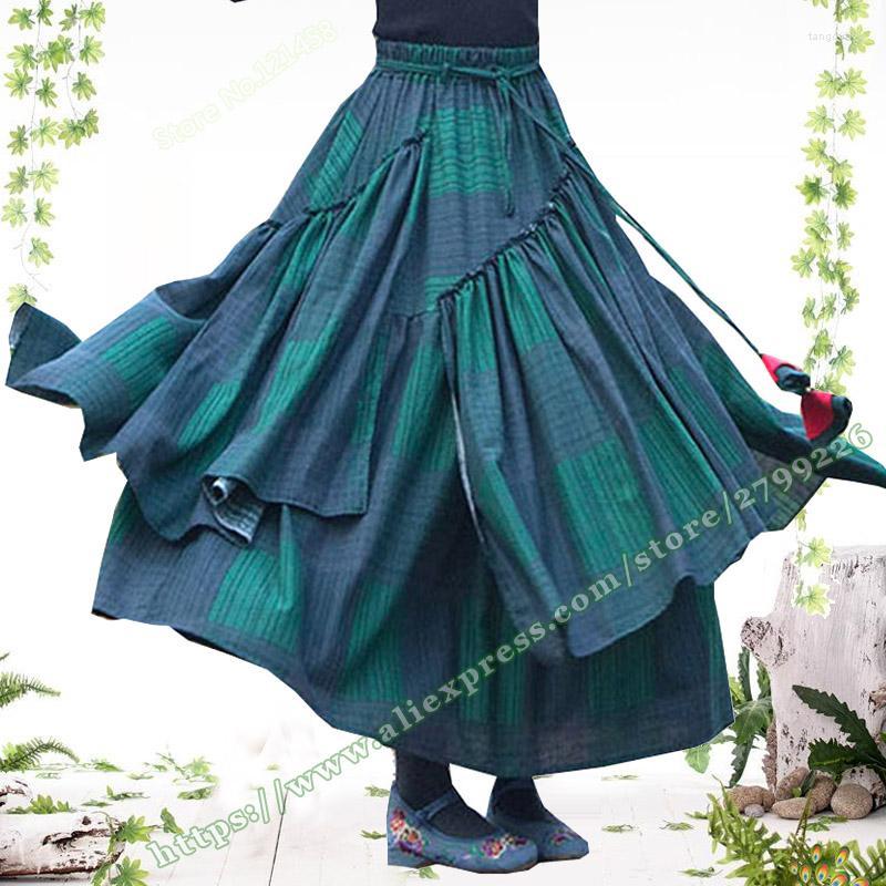 

Skirts 2022 Spring Female Retro Casual Rural Style Cotton And Linen Green Plaid Floral Ladies Pleated Asymmetrical Long Women, Color4