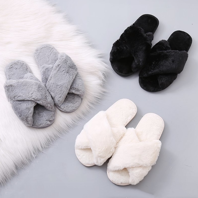 

Slippers Warm fluffy slippers women's plush comfortable faux fur cross indoor floor flat soft shoes ladies women 220826, Pink