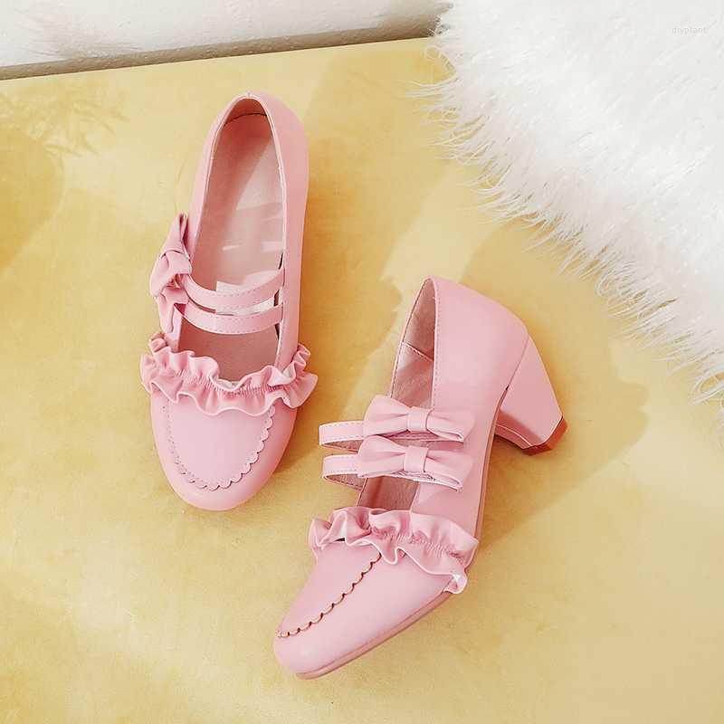 

Dress Shoes Women Plus Size 22-28cm Feet Length Lace Bow Buckle Cute Lolita Girls For 3 Color High HeelsDress, Pink