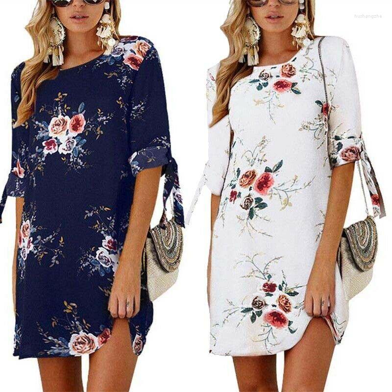 

Casual Dresses Chiffon Printing Floral Mini Dress Short Sleeve Loose Summer Women Beach, Gray flower