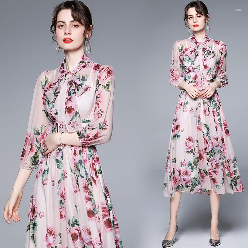 

Casual Dresses Women Elegant Floral Chiffon Dress Festa High Quality Long Pink Wedding Party Robe Femme Vintage Bow Designer VestidosCasual