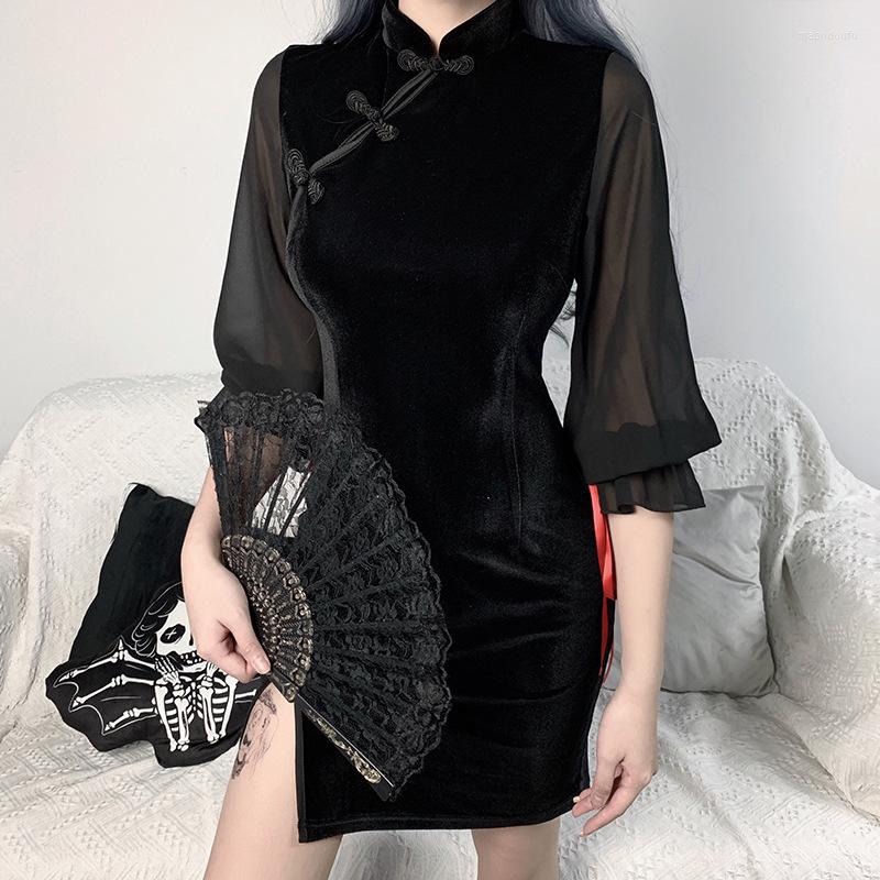 

Casual Dresses 2022 Sexy Black Skirt Modified Cheongsam Stitching Dress With Waist Closed And Split Lace Bandage Womens Formal