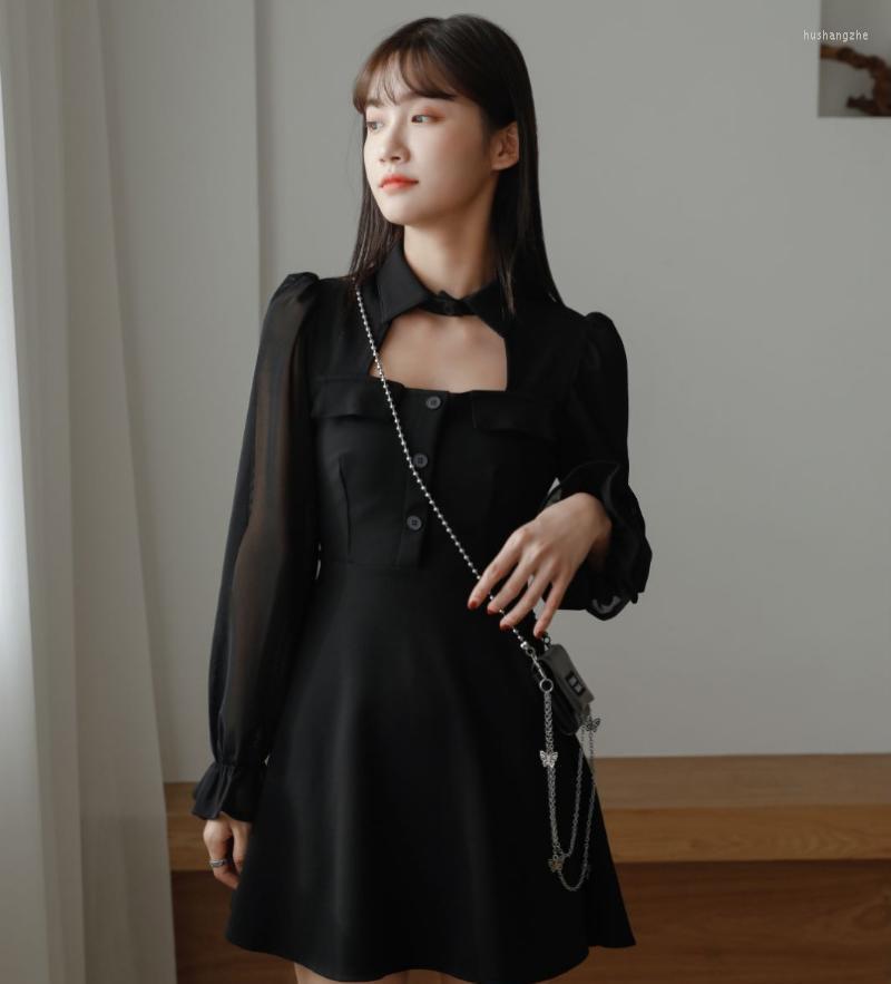 

Casual Dresses French Dress Accept Waist Show Thin Hollow Yarn Sleeve Long Black Female Date, See chart