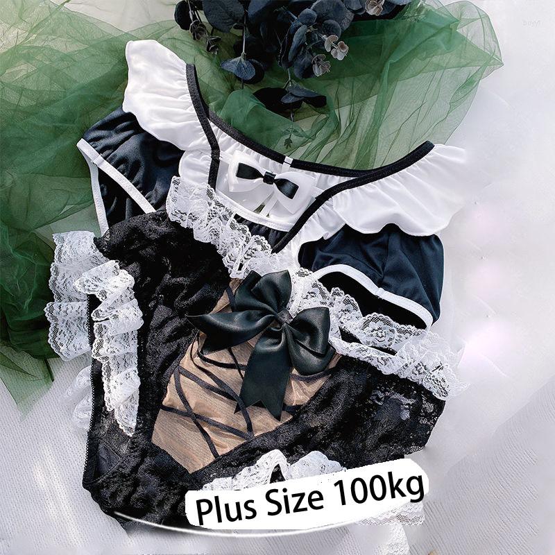 

Women's Panties Japanese Cute Style Ruffle Lace Sexy Temptation Hollow Out Furball Maid Underwear Black And White Lingerie Plus Size 3XLWome, Full lace black