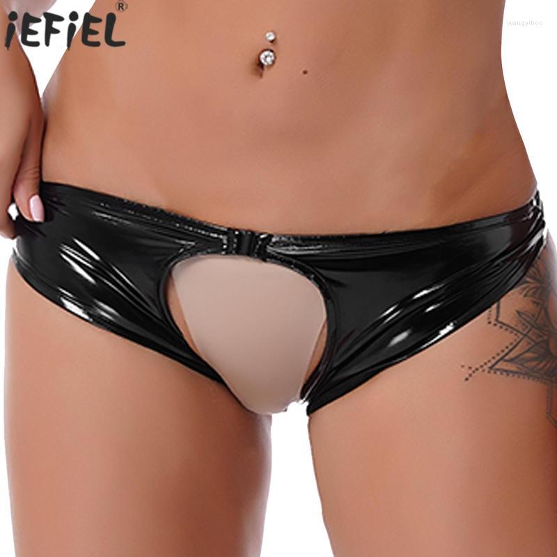 

Women' Panties Womens Wet Look Patent Leather Crotchless Thongs Low Waist Open BuBriefs Cutout Underwear Sexy LingerieWomen, Black