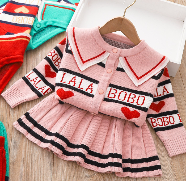 

Girls clothes sets kids love heart knitted lapel long sleeve sweater cardigan knitted stripe pleated skirt 2pc autumn children outfits Q8086, Pink