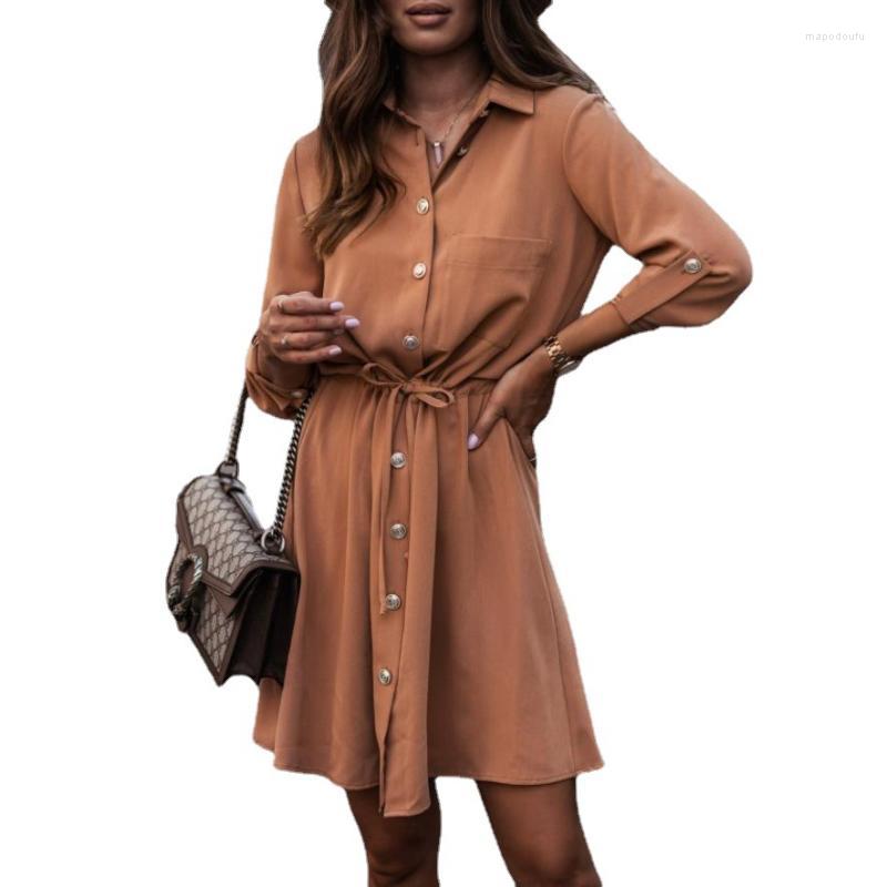 

Casual Dresses 2022 Style -Selling Women' Fashion Solid Color Long-Sleeved Waistband Button-Up Sleeve Dress