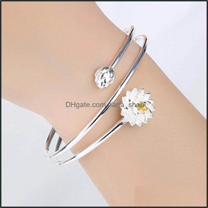 

Bangle Sier Lotus Flower Bracelet For Women Wedding Jewelry Gifts Cuff Bangles Drop Delivery 2021 Bracelets Nanashop Dh8Bu