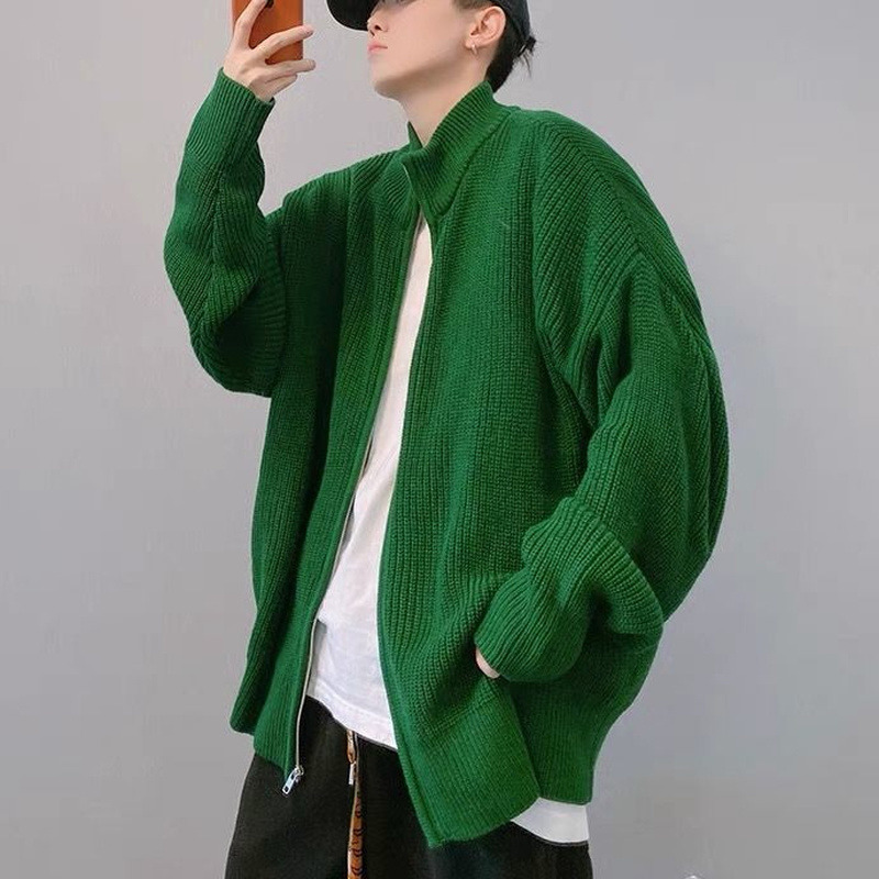 

Men's Jackets Korean Fashion Men Winter Zipper Knitted Sweater High Street Loose Green Trendy Standup Collar Oversize Cardigan Sweater Men 220826