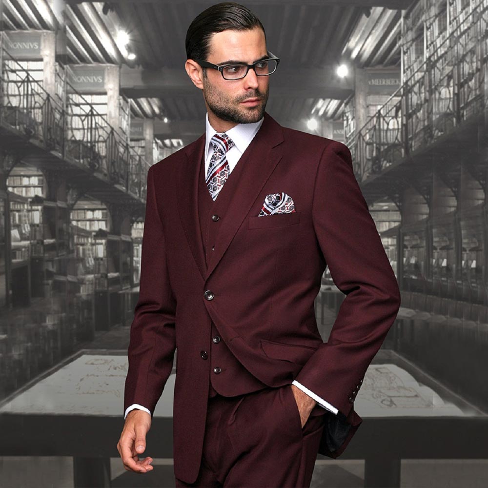 

Burgundy Mens Suits Slim Fit Groomsmen Wedding Tuxedos Three Pieces Designer Notched Lapel Blazers Formal Suit With Jacket And Pants, Ivory