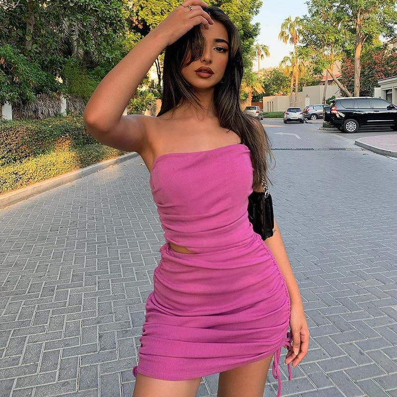 

Work Dresses Green Sexy Strapless Drawstring Ruched 2-Piece Sets Summer Outfits For Women Matching Top And Skirts Elegant 2022