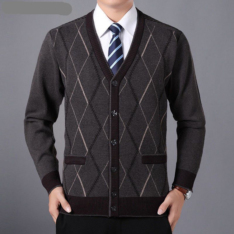 

Men's Jackets Men Wool cashmere Caridgan Knitwear Black Camel Red Rhomboids Pattern Thicken Fleece Vneck Warm Sweaters Autumn Early Winter 220826, Gray