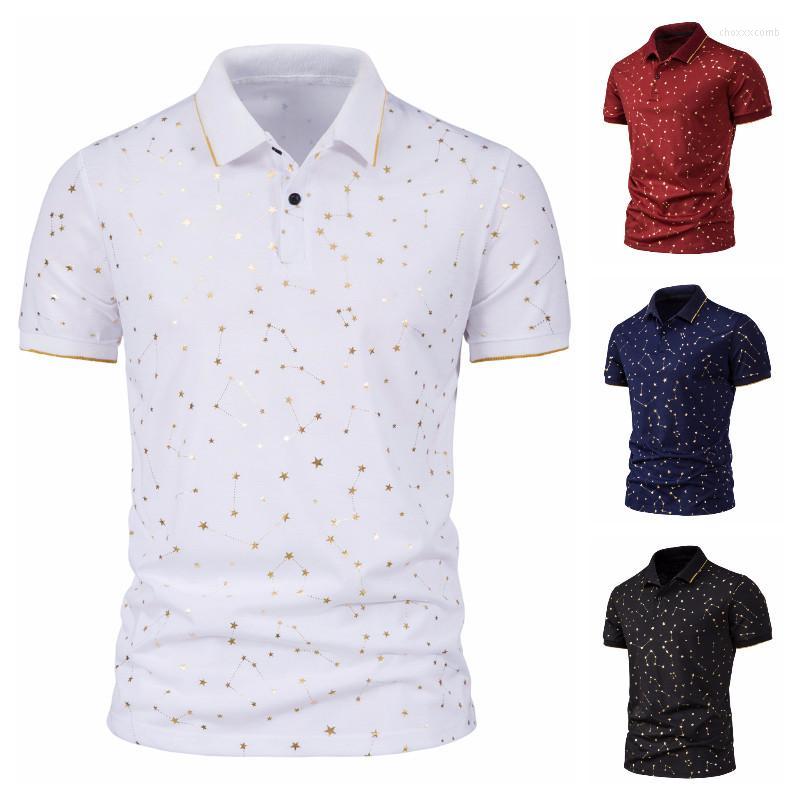 

Men's Polos Men's 2022 Summer Fashion Casual Men Star Chain Gold Print Lapel Slim Business Mens Shirts With Short Sleeve, Black