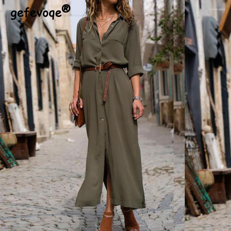 

Work Dresses Spring Autumn -neck Vintage Buttons Belt Slit Casual Fashion Women Long Sleeve Simple Elegant Dress Robe FemmeWork, Black