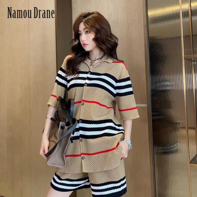 

Women' Tracksuits Women' 2-piece Set 2022 Summer Hollow-out Stripe Contrasting Color Knit Suit Loose Western Fashion Casual Dress, Khaki