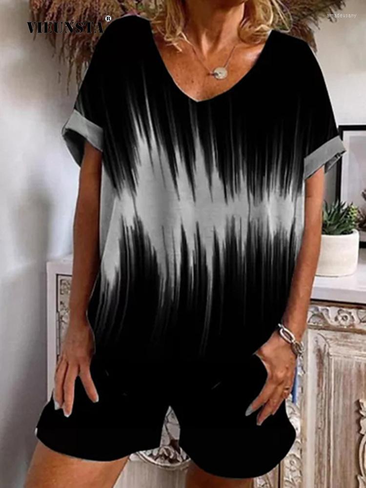 

Women' Tracksuits 2022 Vintage Summer Loose V-Neck Tops Pocket Shorts Suits Tie Dye Printed Loungewear Pajamas Women Short Sleeve Two Piece, 02 coffee