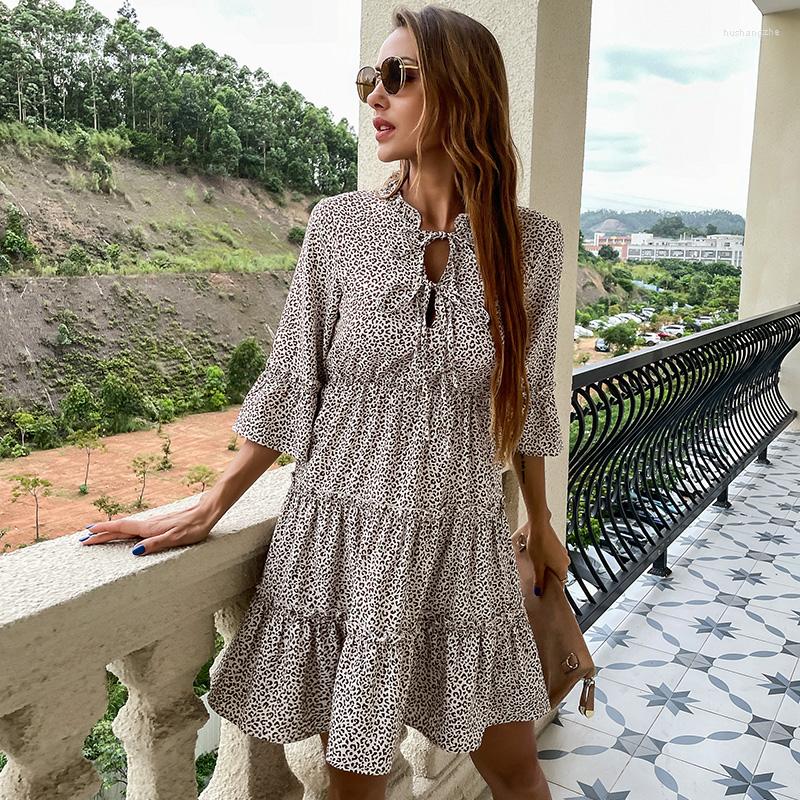 

Casual Dresses Autumn Leopard Women Khaki Print Short Dress Slim Half High Collar Long Sleeve Ladies Sexy Hollow Out Lace Up Ruffles DressCa