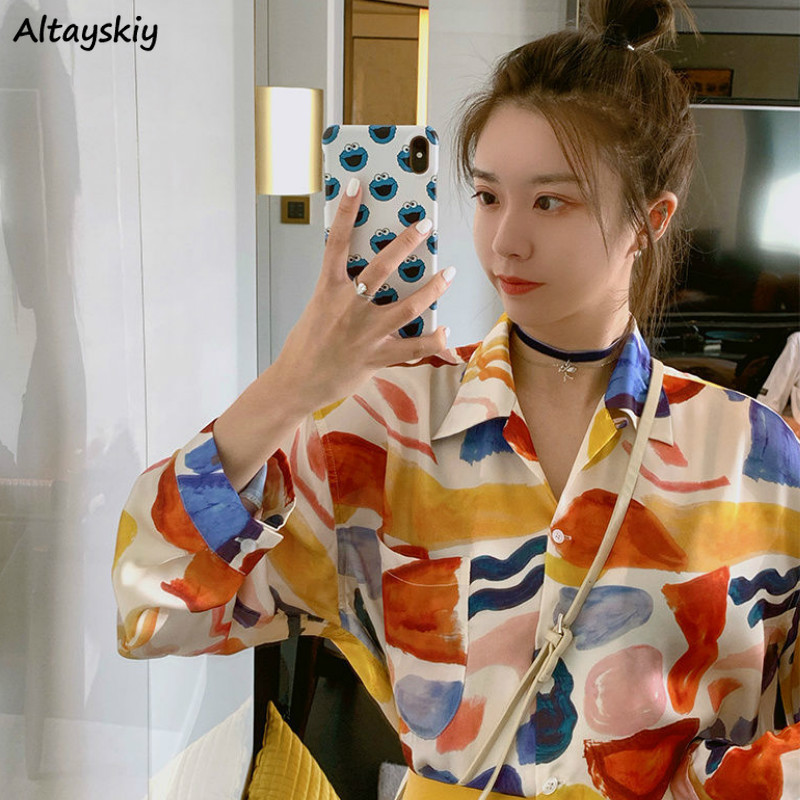 

Women' Blouses Shirts Blouses Women Retro Print Soft Ulzzang Single Breasted Mujer Blusas Allmatch Fall Daily Vintage Chic Womens Shirts Top 220826, Black