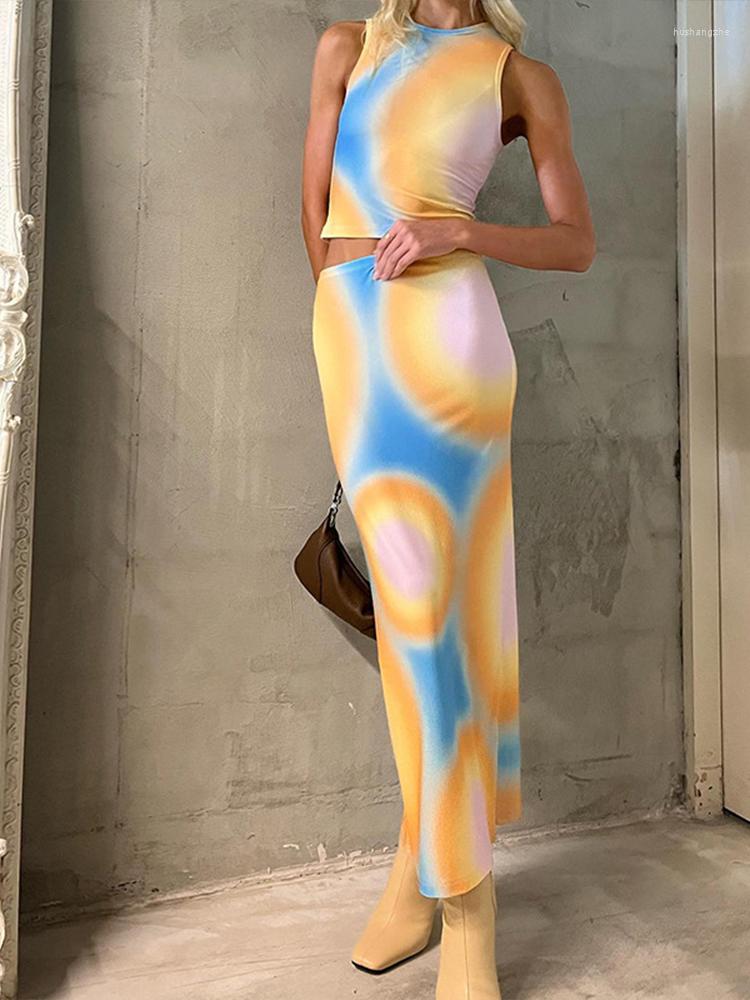 

Work Dresses OMSJ Printing Summer Two Piece Set Casual Sleeveless Crew Neck Tank Top Slim Low Waist Midi Skirts Women Fashion Matching Sets, Yellow