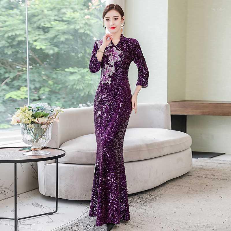 

Casual Dresses Sexy Party Dress Noble Purple Sequin Bodycon Women Cheongsam Long V-neck Wedding Clothes Evening DressCasual