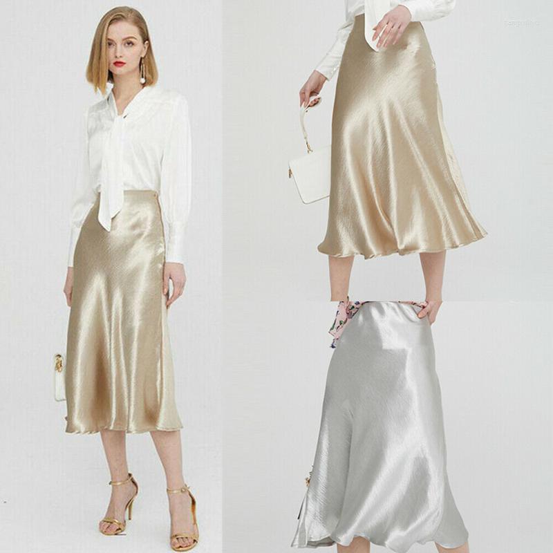 

Skirts Summer Ladies Glossy Satin Skirt Plain Shiny Wet Look Fashion Party Office Solid Metallic High Waist, Gold