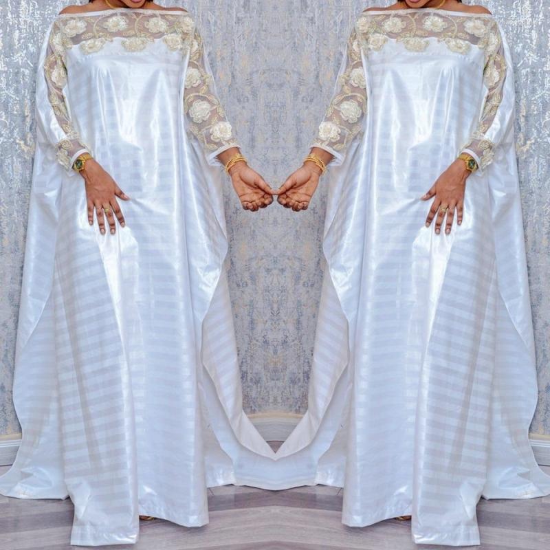 

Casual Dresses Abayas Fashion Women' National Clothing African Large Size Sequins Beaded Robes Dashiki Muslim Satin Striped Dress Party, White