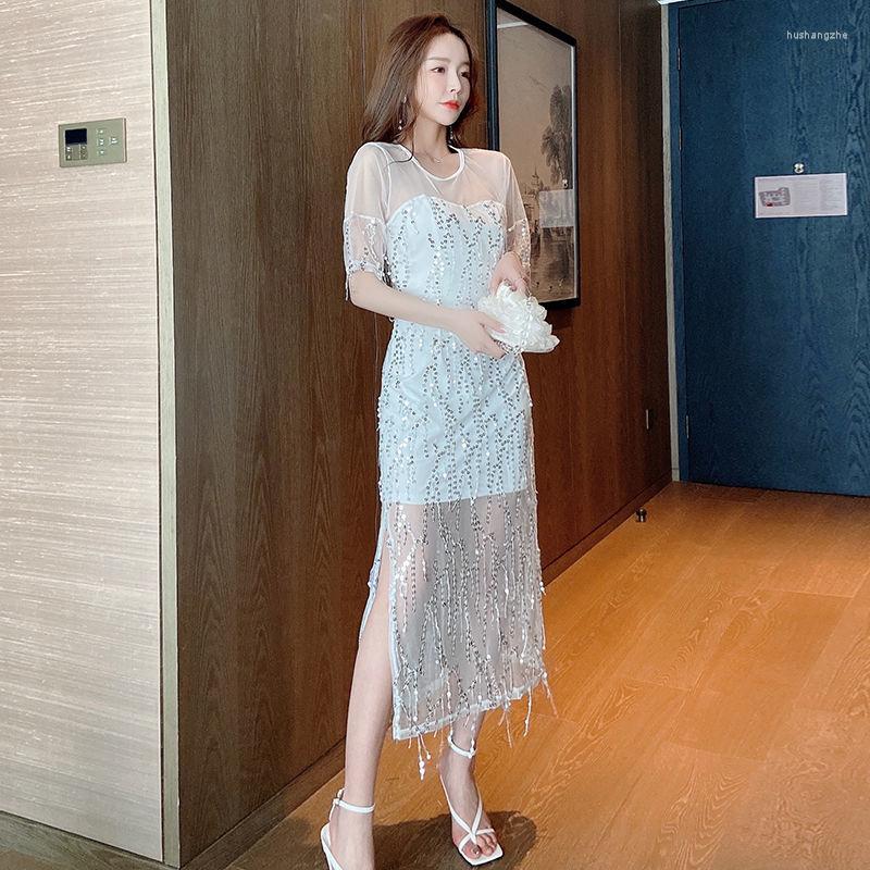 

Casual Dresses Sexy Mesh Stitching Sequin Dress Summer Fashion Slim Slit Mid-length Hip-pack Party, Black