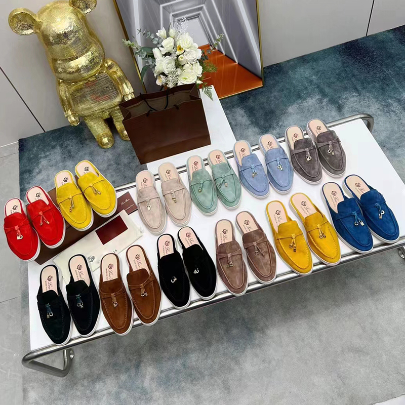 

Men's slippers classic designer lazy flat bottomed Baotou flip flop 100% genuine leather women's slippers suede metal buckle decorative comfortable casual shoes, 15