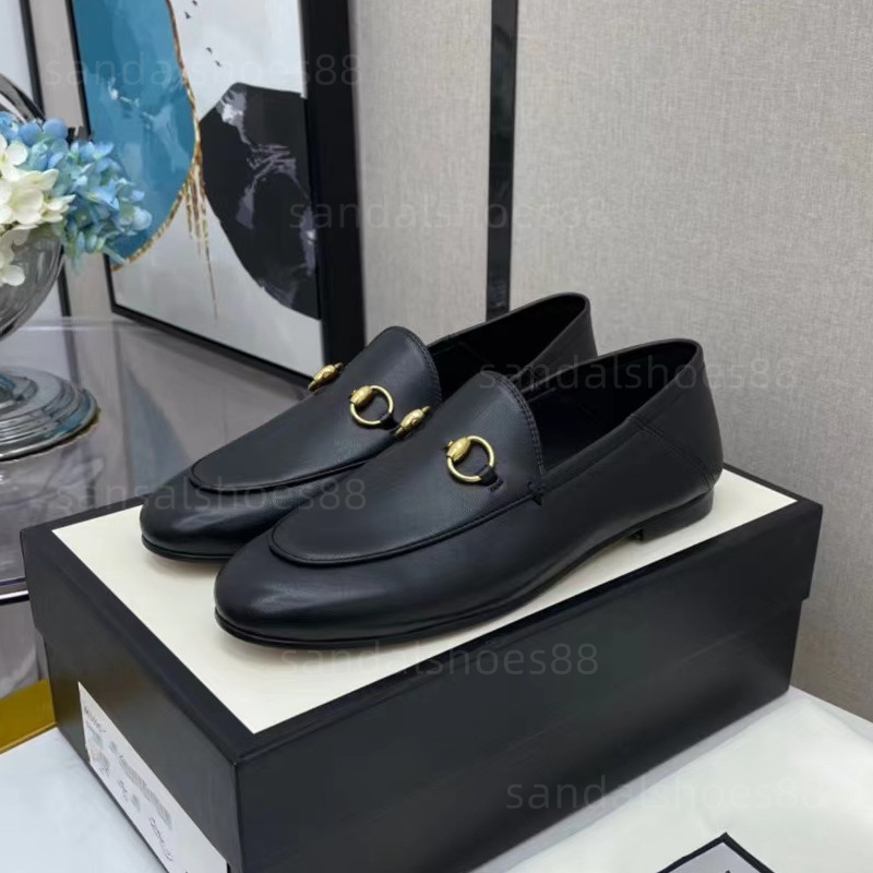 

classic women Flat designer Dress shoes cowhide Metal buckle Lady leather letter casual shoe Mules Princetown Men Trample Lazy Loafers, Black slipper