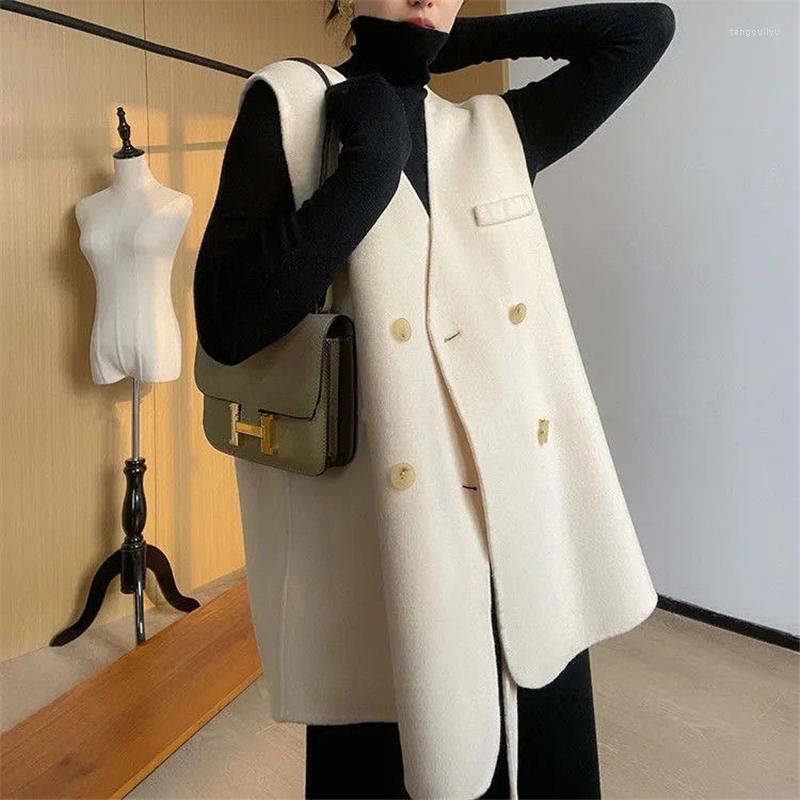 

Women's Vests Women's Casual Korean Belt Woolen Vest 2022 Women Spring Winter Cloth V-neck Thin With Chic Retro Fashion, Beige
