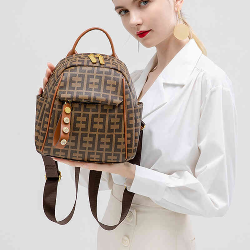 

Small backpack female version 2022 summer new printed Commuter Bag leisure travel bag trend Handbags, Black litchi