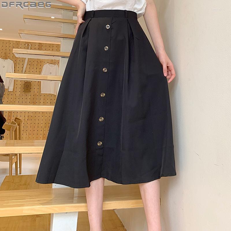 

Skirts 2022 Autumn Elegant Khaki Black Skirt Women Vintage A-Line Single-breasted Long Loose Elastic Waist Plus Size Faldas